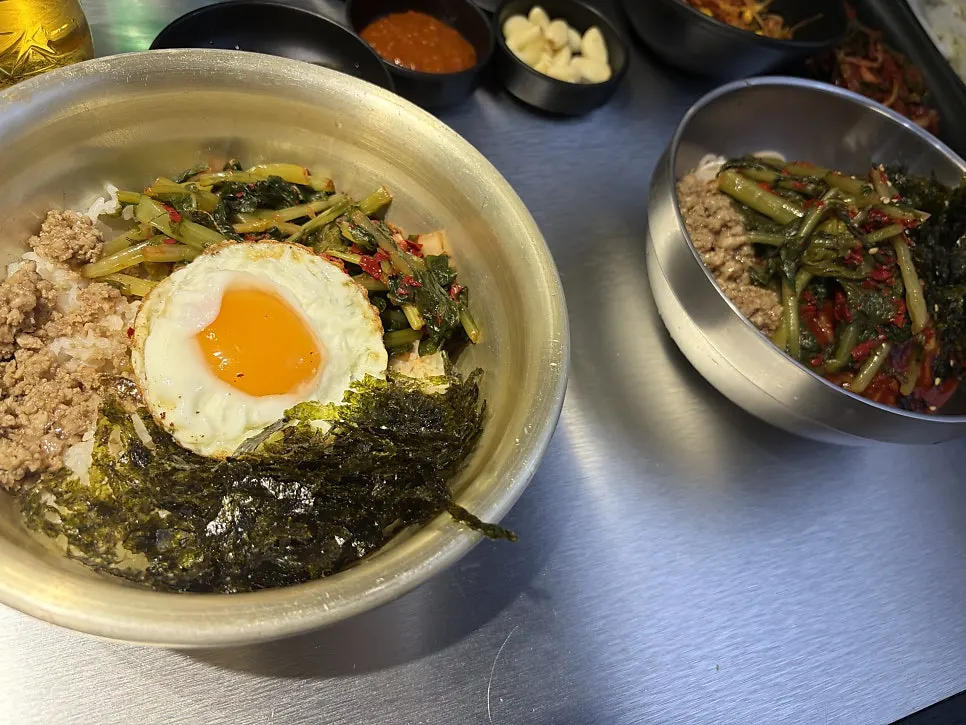 Yeolmu bibim noodles and yeolmu bibimbap
