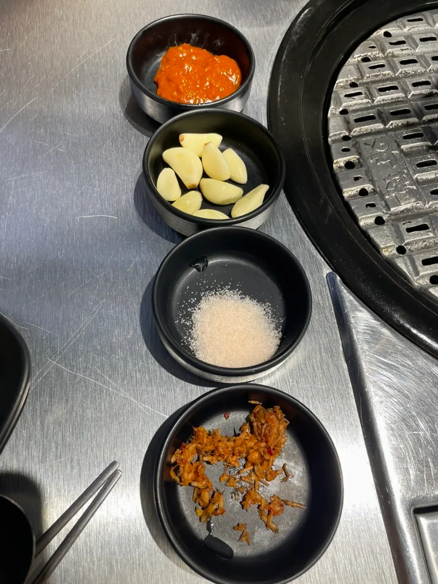 Ssamjang, salt, and salted shrimp sauces