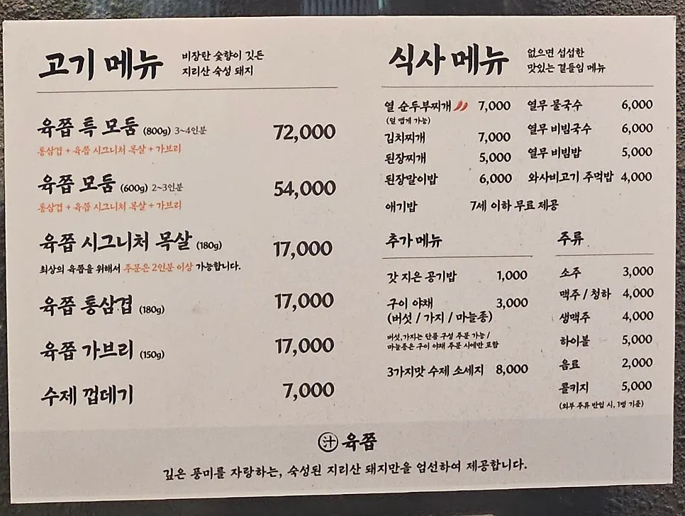 Yukjjip's meat, meal, and drink menu board