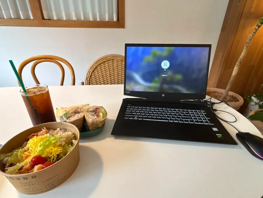 Solo seat with a laptop open during the meal