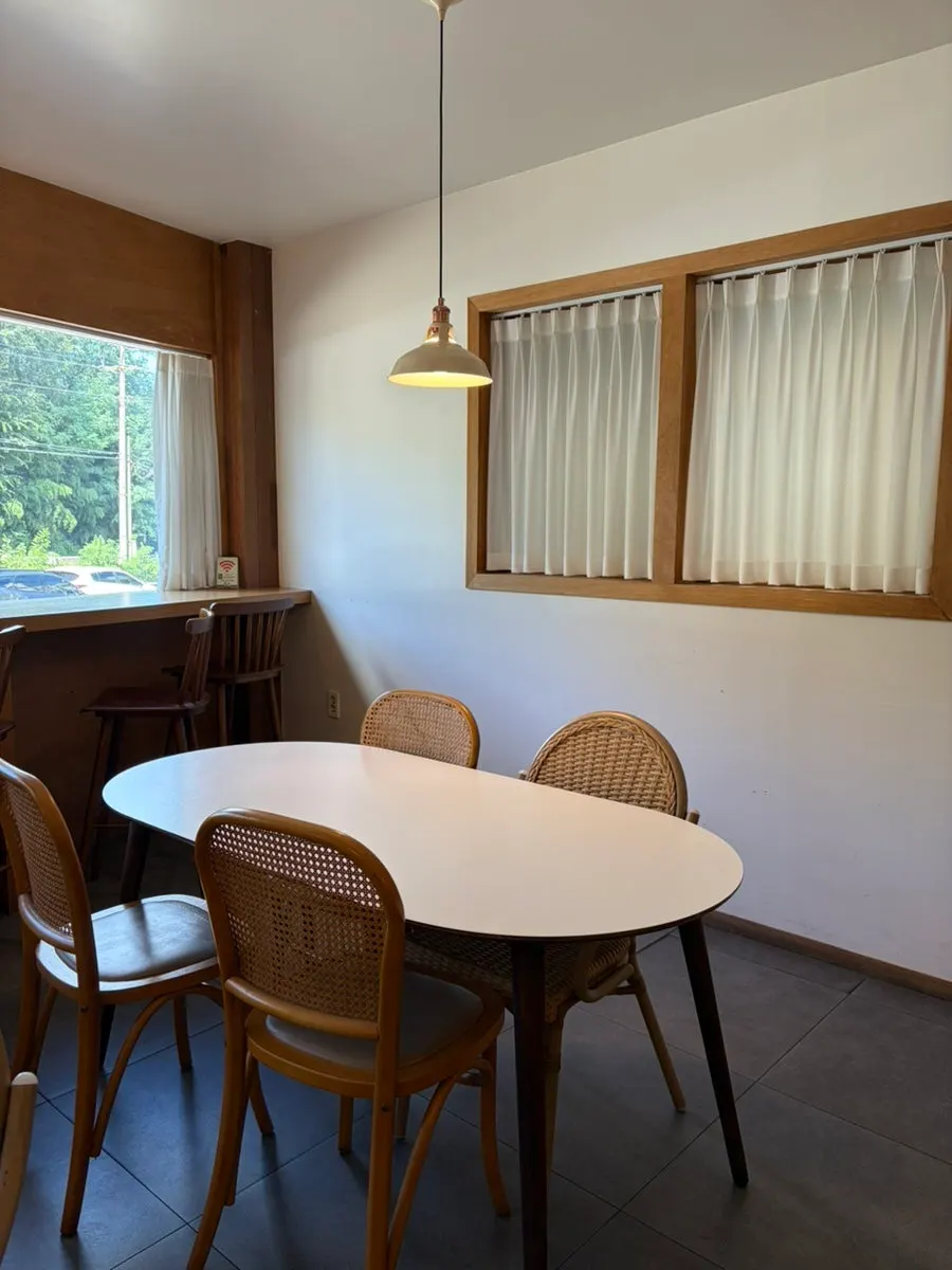 Café interior with window bar seating