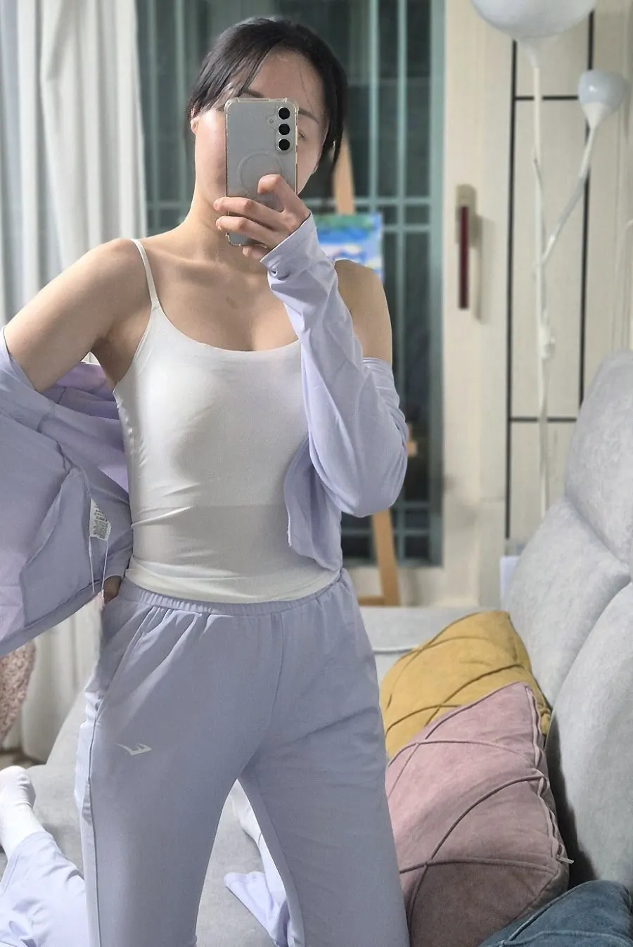 Lavender Running Crew set worn as everyday clothing