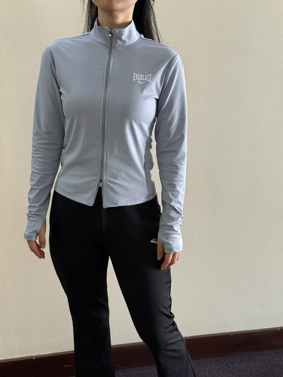 Ash blue jacket matched with black pants