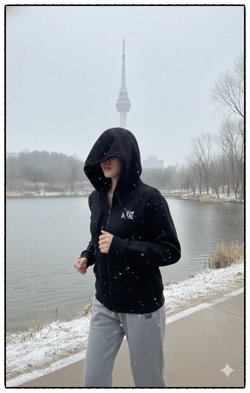 Fleece-lined tracksuit worn outdoors in winter