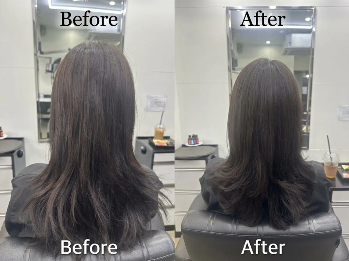 숱 친 모발 레이어드 C컬펌 비포 애프터 비교
