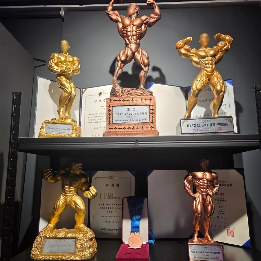 Trophies and medals displayed at the entrance