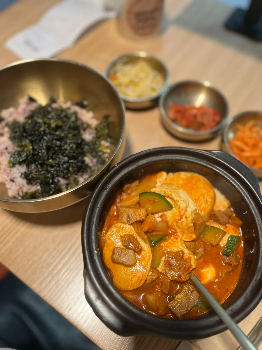 Bapjangin soft tofu and potato stew with rice
