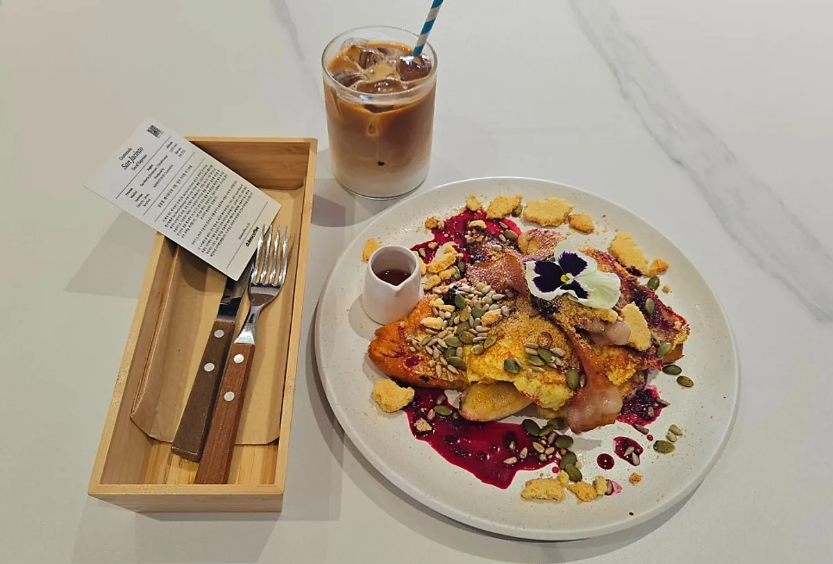 French toast and iced latte set at Famous Benny