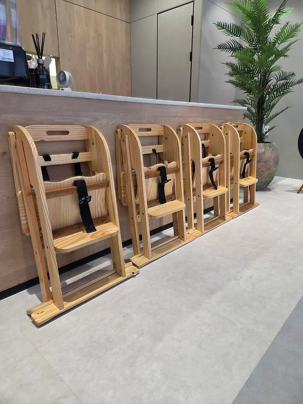 Indoor seating with wooden high chairs