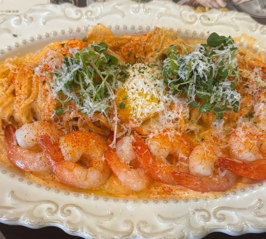 Close-up of Tuscan pasta with shrimp