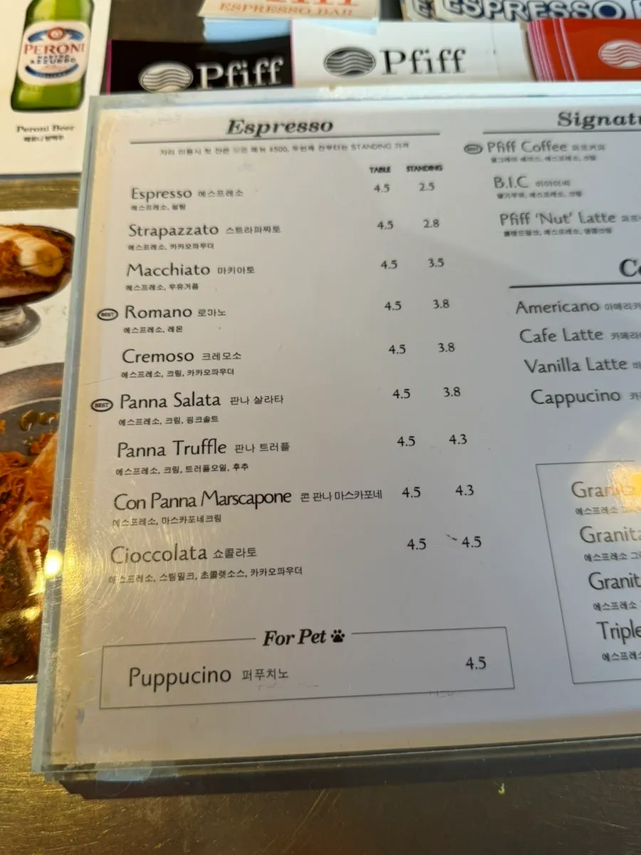 Menu board listing espresso drinks