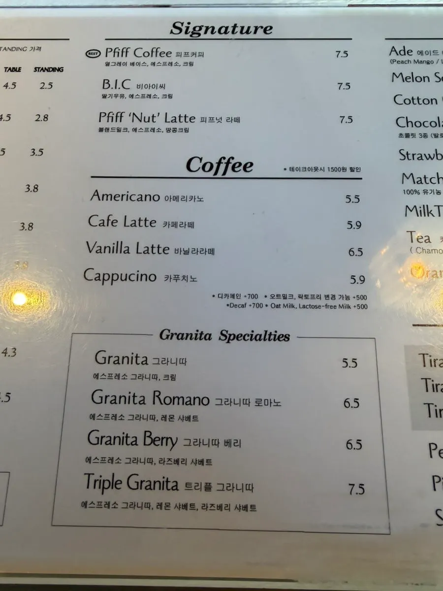 Menu showing separate table and standing prices