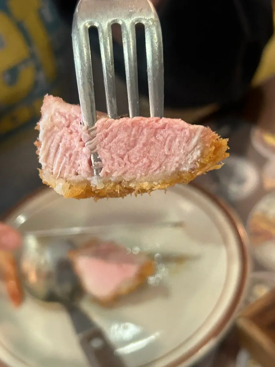 A piece of tenderloin katsu dipped in Maldon salt