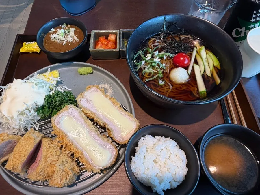Cold soba served alongside the cutlet