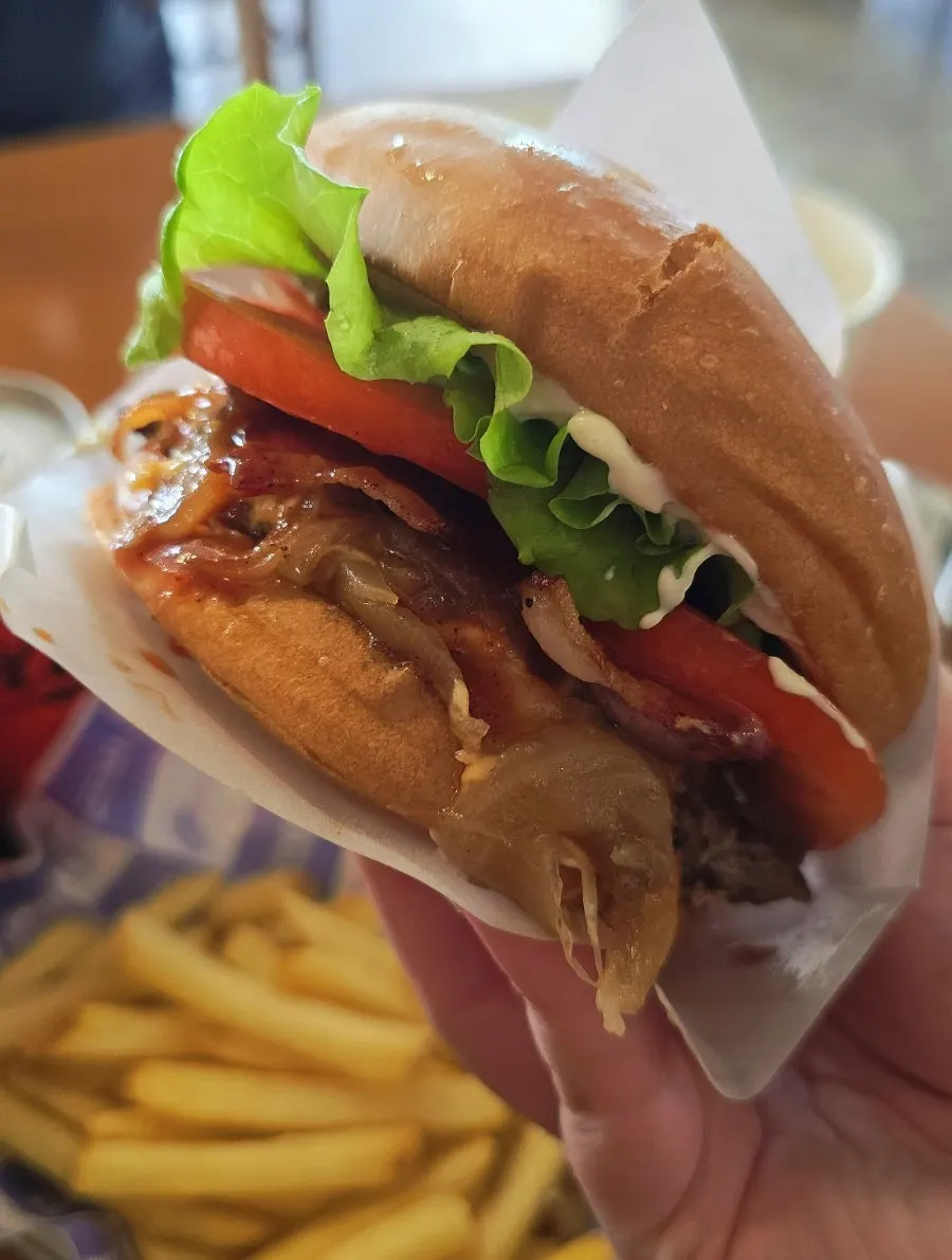Cross-section of the Bacon BBQ Burger at Fisherman Works