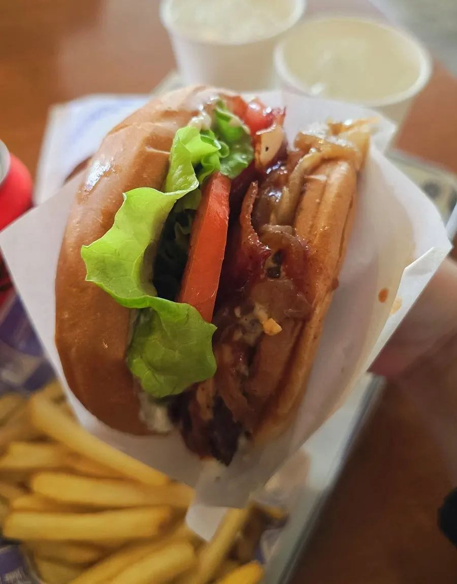 Close-up of the Bacon BBQ Burger with bacon