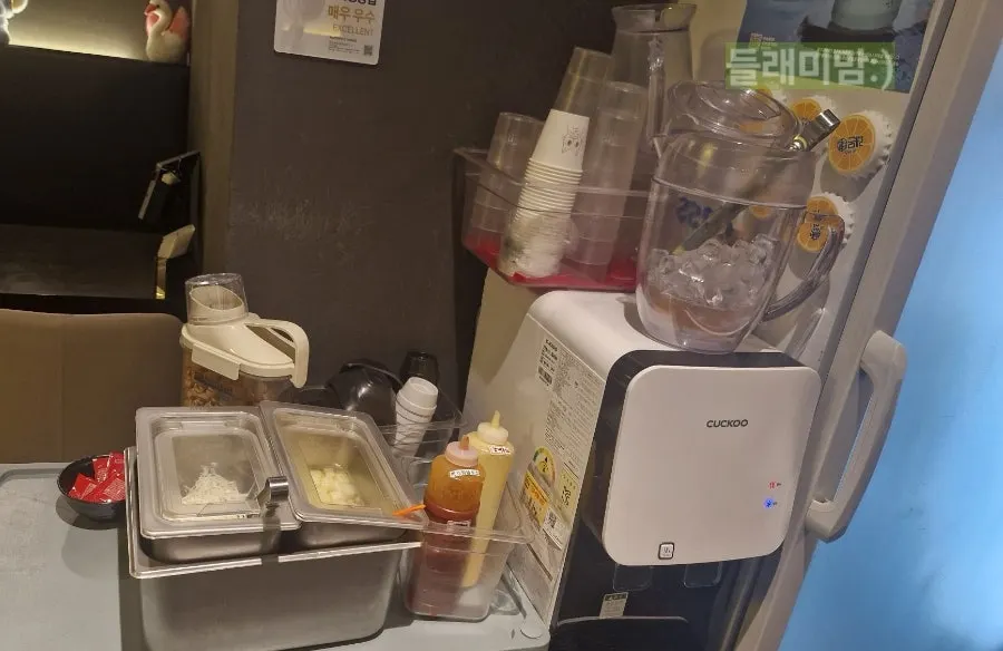 Self-serve bar with sauces and pickled radish available