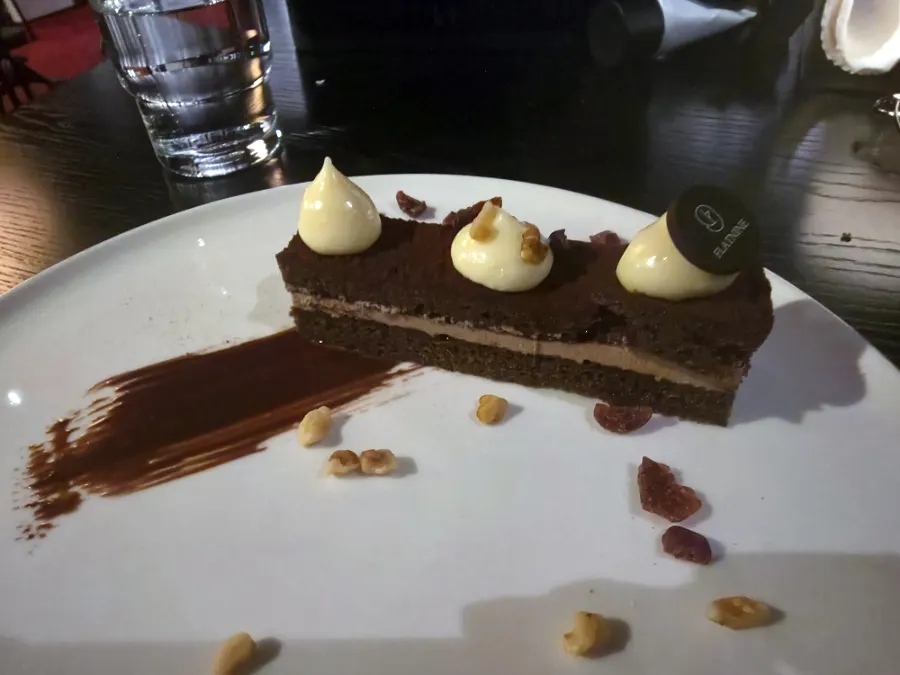 Chocolate cake served as the final dessert of the course