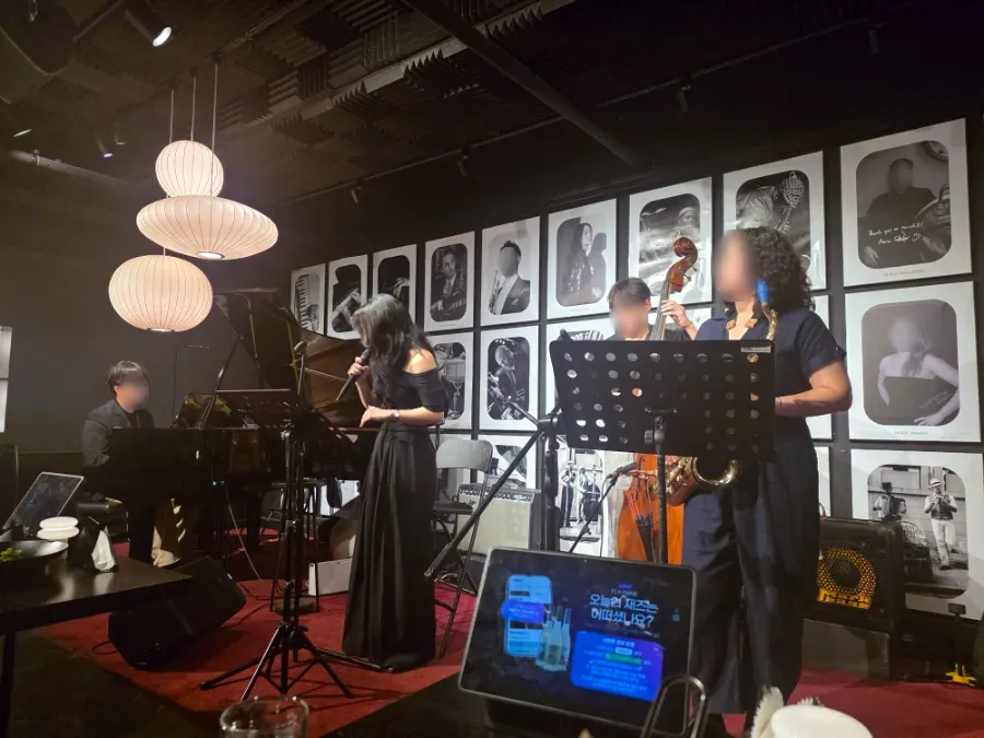 View of the jazz performance from the front of the stage at Flat Nine