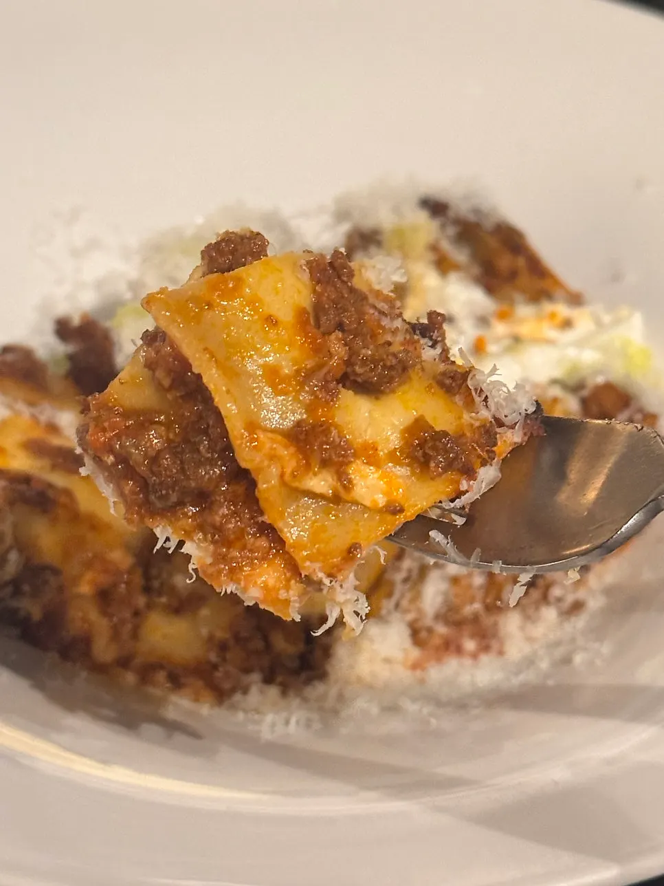 A piece of lasagna coated in ragù sauce