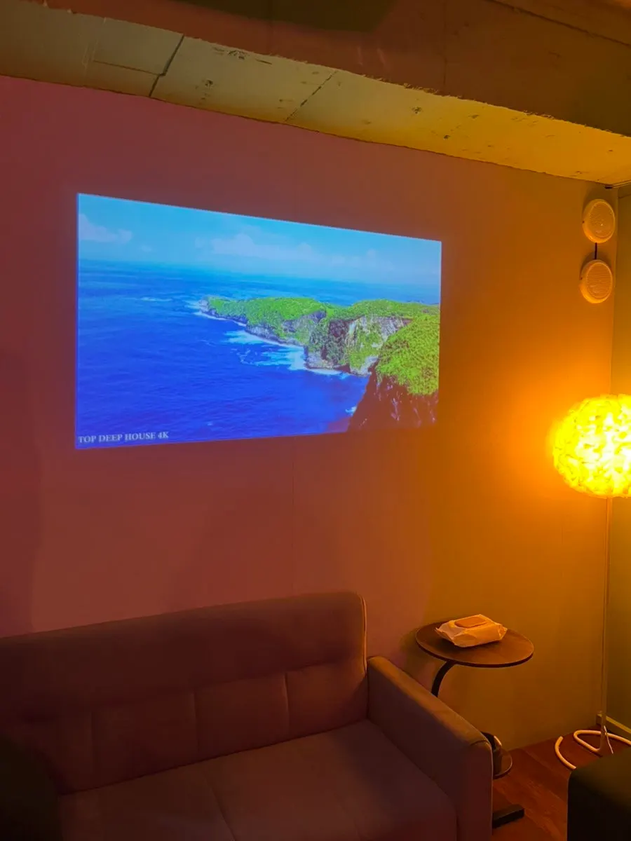 Wall with the projector installed in the party room