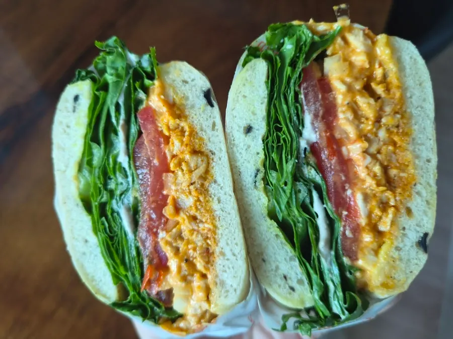 Cross-section showing the filling of the apple egg mayo sandwich