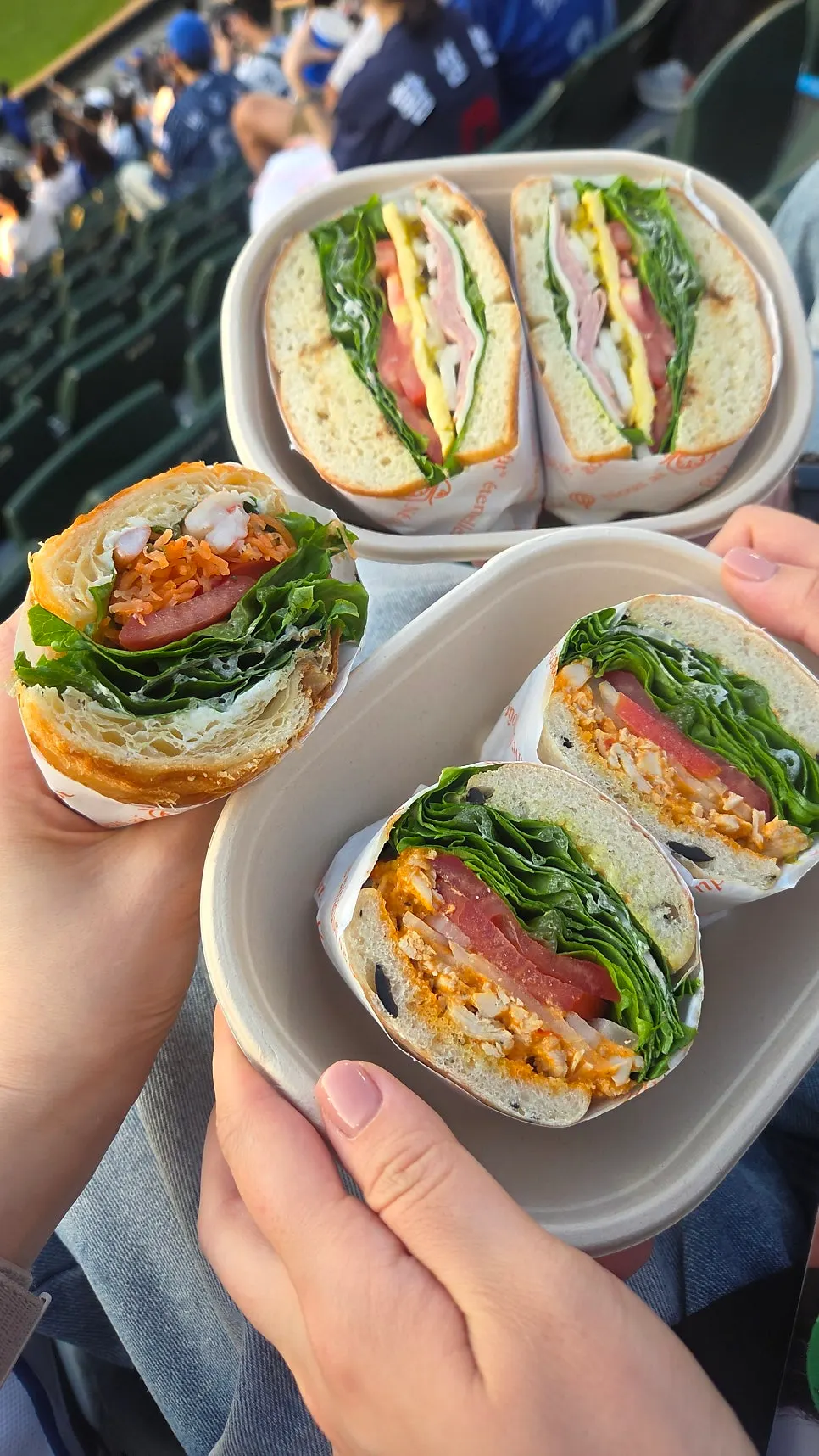 Packed sandwiches taken out at the stadium seats