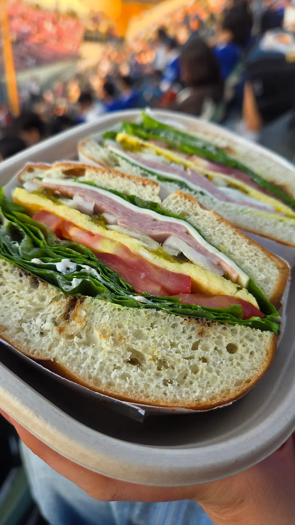 Sandwiches laid out on a seat at Jamsil Baseball Stadium