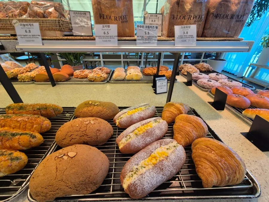 A display of large red bean bread and salt bread