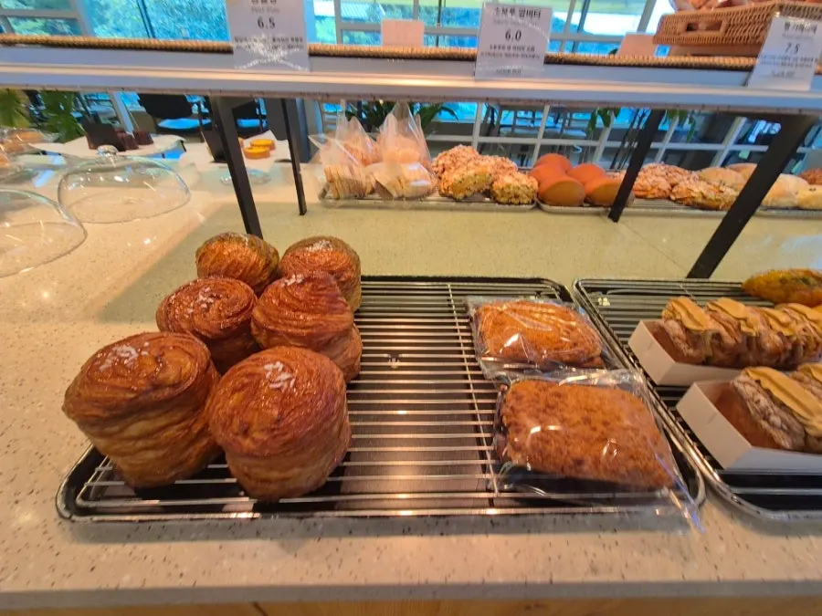 A wide view of the bread display with name tags