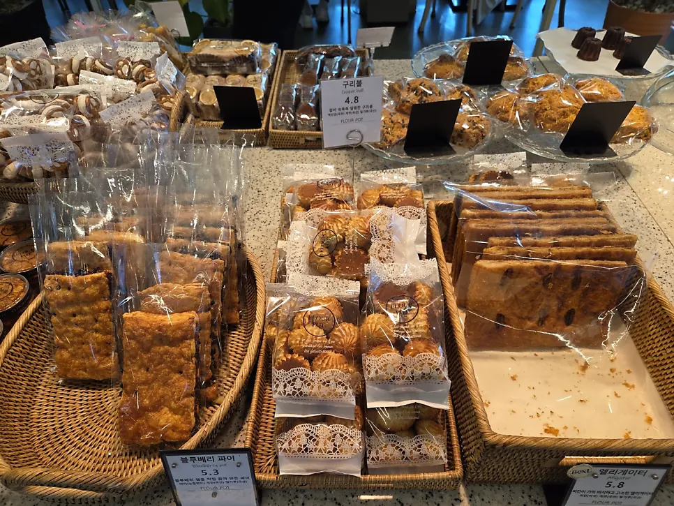 Bakery zone with breads and price tags at Flowerpot Cafe