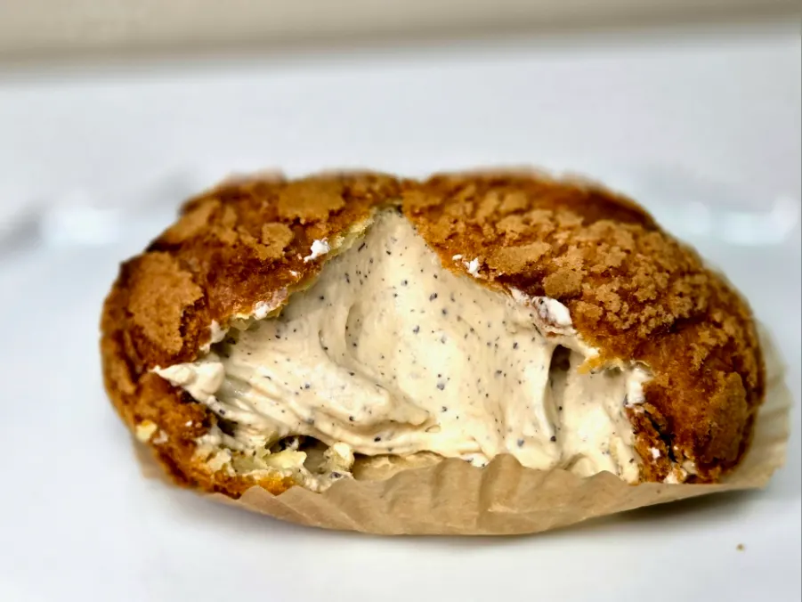 Cross-section of FLU:ET's Earl Grey choux, packed with Earl Grey