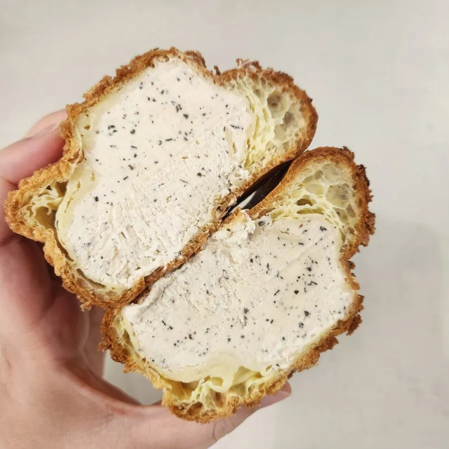 Cross-section of Earl Grey choux showing amount of cream