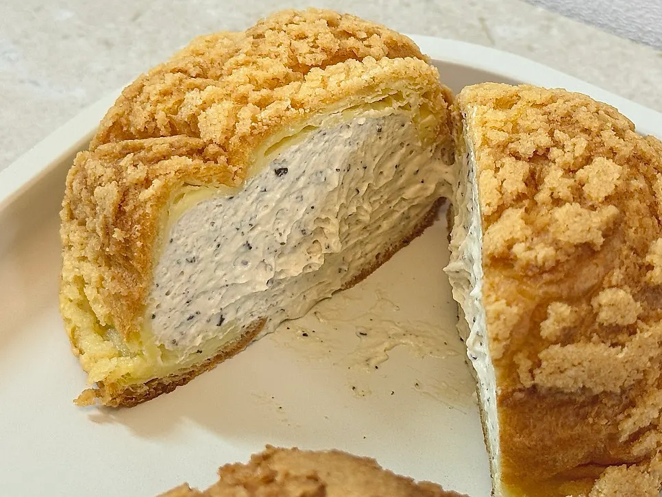 Cross-section of the plain choux packed with cream