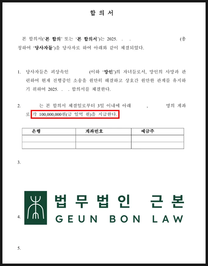 장남이 동생들에게 각 1억 원을 지급하기로 한 상속분할합의서