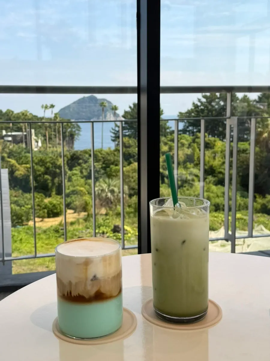 A cup of unsweetened Jeju matcha latte