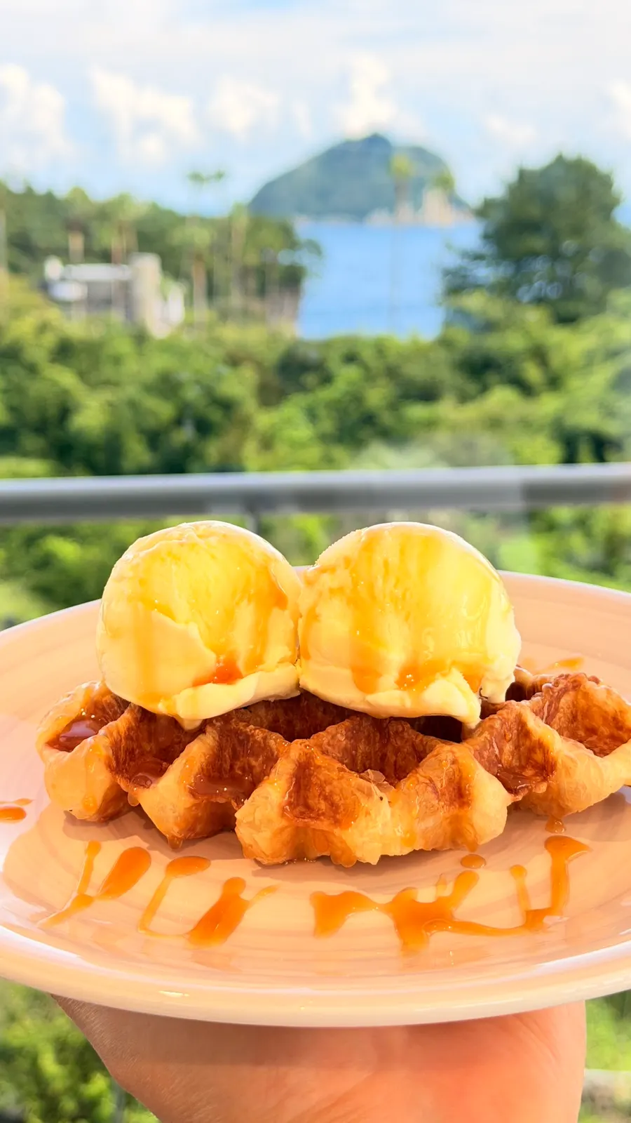 Ice cream croffle topped with two scoops of ice cream