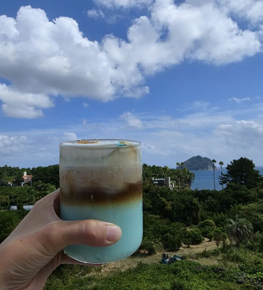 Jeongbang Waterfall latte with a bluish tint