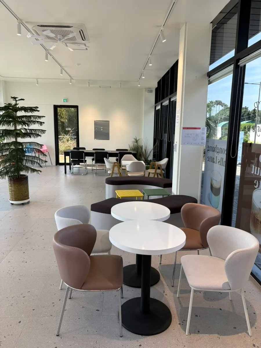 Interior view with palm trees and tree landscaping through the windows