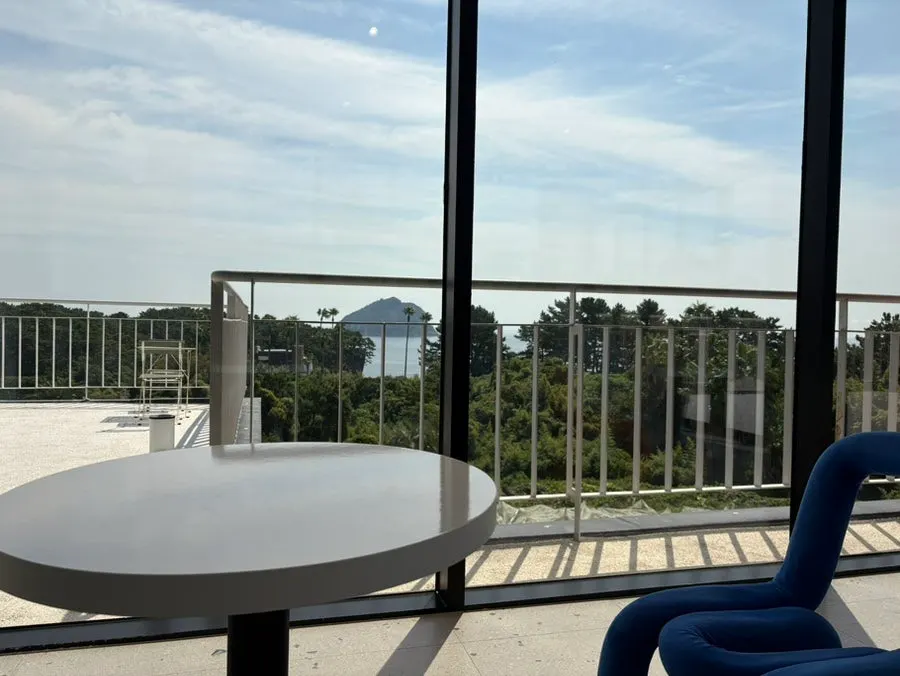 Ocean view and forest view seen from an indoor window seat