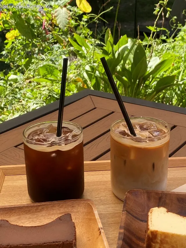 Decaf iced americano glass against a forest backdrop