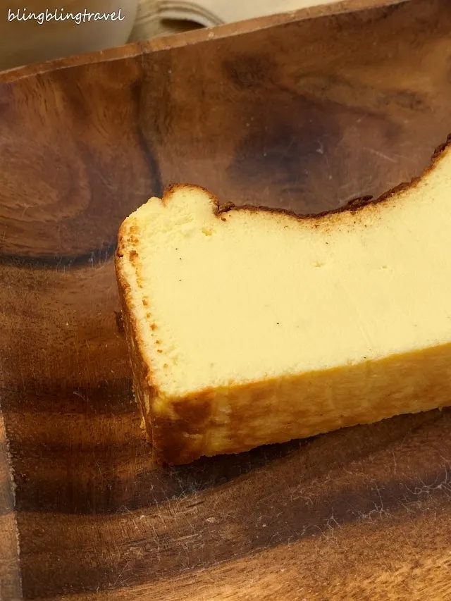 Cross-section of the dense, fudgy original Basque cheesecake
