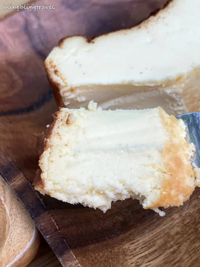 A forkful of the original Basque cheesecake