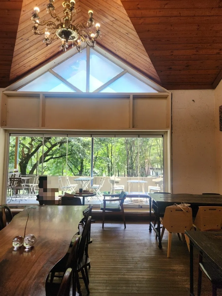 High-ceilinged café interior