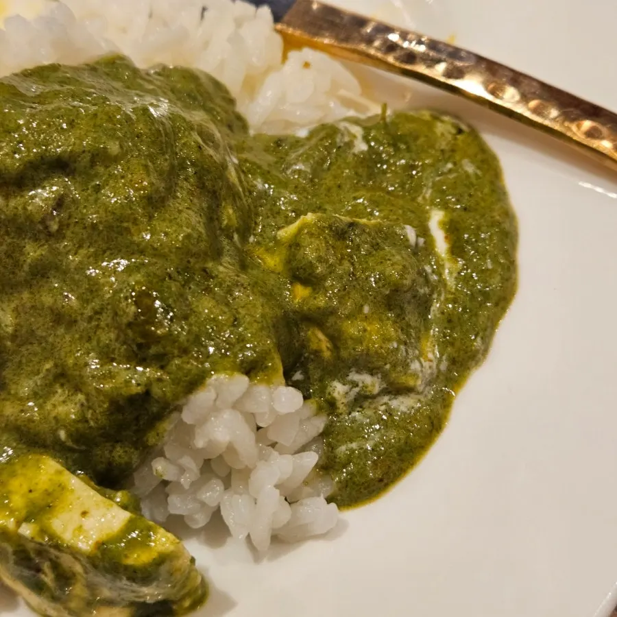 A piece of naan coated in butter chicken sauce