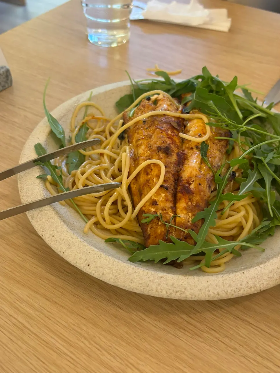 Close-up of the mackerel pasta