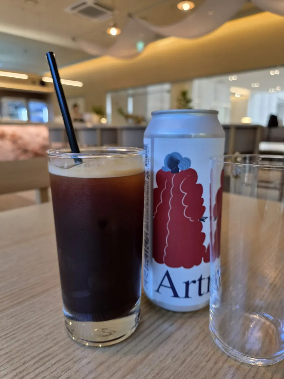 Iced americano and a glass of craft beer