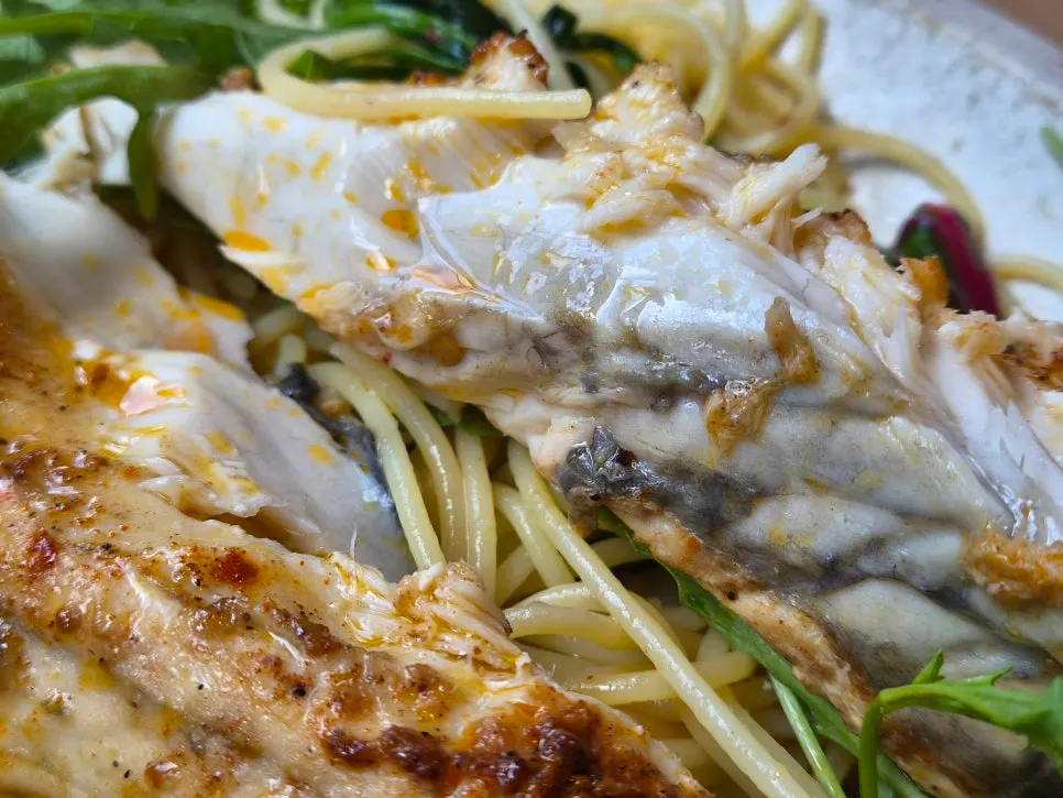 A plate of pasta showing thick pieces of mackerel