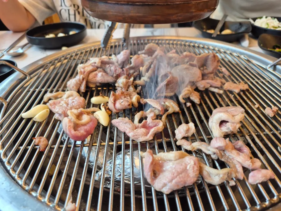 Grilled raw duck cut into bite-sized pieces