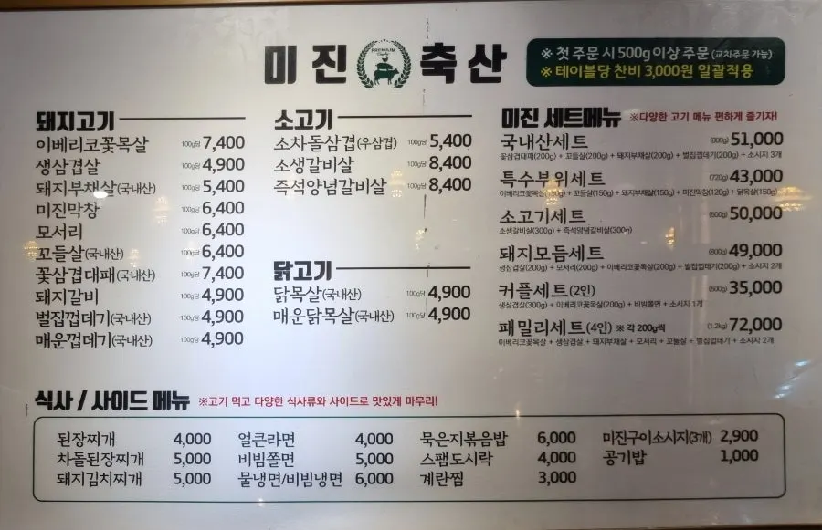 부위별 가격이 적힌 미진축산 메뉴판